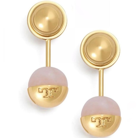 NEW Tory Burch Logo Bead Ear Jacket In Rose Quartz - Picture 4 of 5